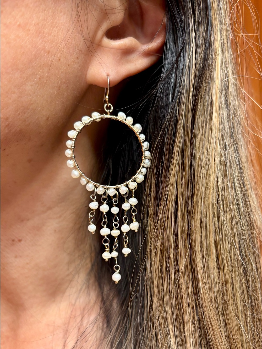 Gold Pearl Hoop Chandelier Earrings - Women Jewelry